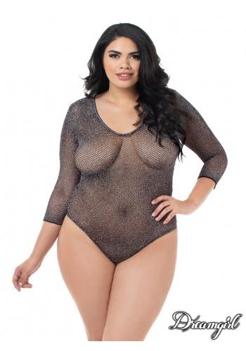 Teddy manches 3/4 en résille brillante - noir (+) - Boutique LUV